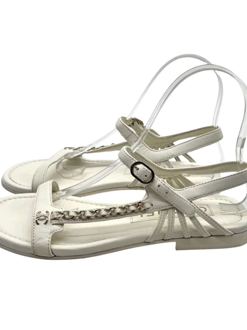 CHANEL White Leather Chain-Trim Slingback Sandals